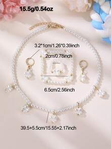 5件套时尚简约四叶草仿珍珠项链、手链、耳环、戒指首饰套装，适合女孩日常佩戴和派对场合。 - 白色 - 查看 4