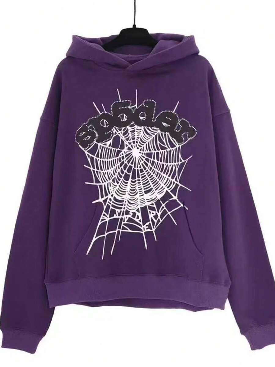 Hooded Sweatshir,Men's Spider Graphic Hoodie Gothic Streetwear Sweatshirt Oversized Fit Autumn Winter Warm Fleece Lined Pullover With Kangaroo Pocket - Màu tím - Xem 1