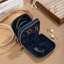 1 pieza Estuche de viaje para joyas de 2 capas - Organizador vintage con 11 bolsillos, bolsa pequeña para joyas de mujer con collares, aretes y anillos, con cremallera de metal suave - Multicolor - Ver 11