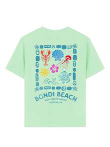 1pc Girls Mint Green Bondi Beach Themed Print Short Sleeve T-Shirt, Children's Vacation Style Ocean Element Round Neck Loose Fit Soft Breathable Fabric, Suitable For Beach Holiday And Daily Wear - Mint Green - View 3