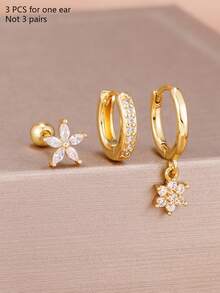3PCS Classic Pendant Flower Petal Hoop Earrings Set 18K Gold Plated Stainless Steel Zirconia Earring Piercing Jewelry Gift - 1-gold-3pcs - View 6