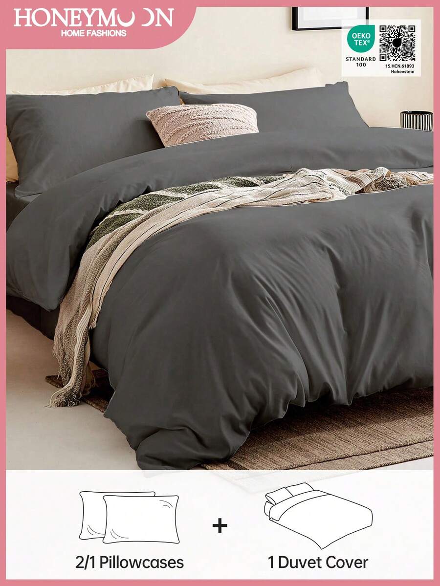 2/3 Piece Solid Color Bedding Set, Includes 1 Duvet Cover, 1/2 Pillow Shams, Perfectly Fits Twin, Full, Queen, King Beds, Suitable For All Seasons, Oeko-Tex Certified - Dark Grey - View 1