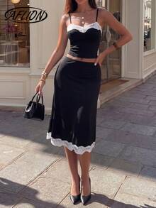 Aflion 2pcs/Set Women's Sexy Black Lace Trim Camisole Top + A-Line Mid-Length Skirt Set - Strapless Design, Fashionable Sexy Retro Sweet Style, Essential For Summer Beach, Party, Music Festival, Nightclub, Date, Valentine's Day, Carnival, New Year - Black - View 9