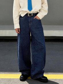 ONE.DINY 春夏提花花卉宽松直筒牛仔裤，复古锦缎商务休闲裤 - 藍色 - 查看 3