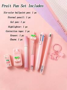 7件套可爱水果文具套装，包含中性笔、荧光笔、修正带、橡皮和铅笔，美观的粉彩色系文具，返校礼物，办公用品，小学生学习用品，送给朋友/女朋友的完美礼物 - 7件套 - 查看 3