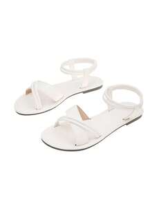 New Open Toe Flat Sandals With Criss-Cross Ankle Strap, Fashion Versatile Casual Roman Beach Shoes For Women, Available In Black, Beige, White - White - View 9