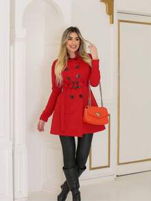 Women's Medium Overcoat With Pockets And Buttons, Elegant Wool, Winter - Red - View 1