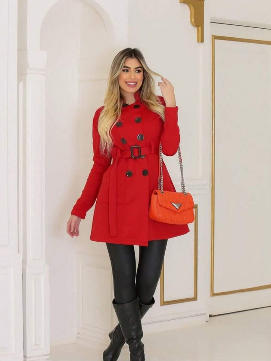 Women's Medium Overcoat With Pockets And Buttons, Elegant Wool, Winter - Red - View 1