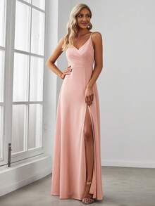 EVERPRETTY Elegant Sexy Solid Color Spaghetti Strap Slit Bridesmaid Dress, Pink, Spring/Summer Wedding Guest Dress, Holiday Vacation Dress - Pink - View 7