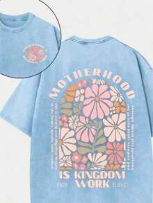 2026 New Arrival 2026 Summer Clothes Retro Washed Double Sided Printed Gray T-Shirt (Pure Cotton T-Shirt) Motherhood Is Kingdom Work Christian Graphic - Light Blue - 查看 1