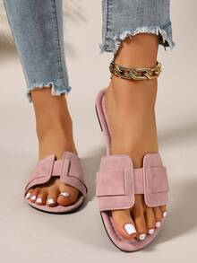 Ximi Ruo Korean Style Casual Flat Slide Sandals, Open Toe, Woven Roman Style, Suitable For Spring, Summer, Beach, Vacation, Dress Matching, Brown Color - Pink - View 5