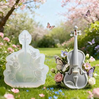 1pc Violin Shaped Silicone Candle Mold, Featuring Delicate Floral And Butterfly Patterns, Suitable For Candle, Soap, Resin Casting, And As Wedding Centerpiece Decor Gift