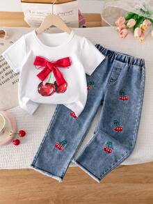 Conjunto de top de manga corta con decoración de lazo con estampado de cerezas y pantalones largos de mezclilla con bordado de cerezas para niñas, primavera/verano - Blanco - Ver 2