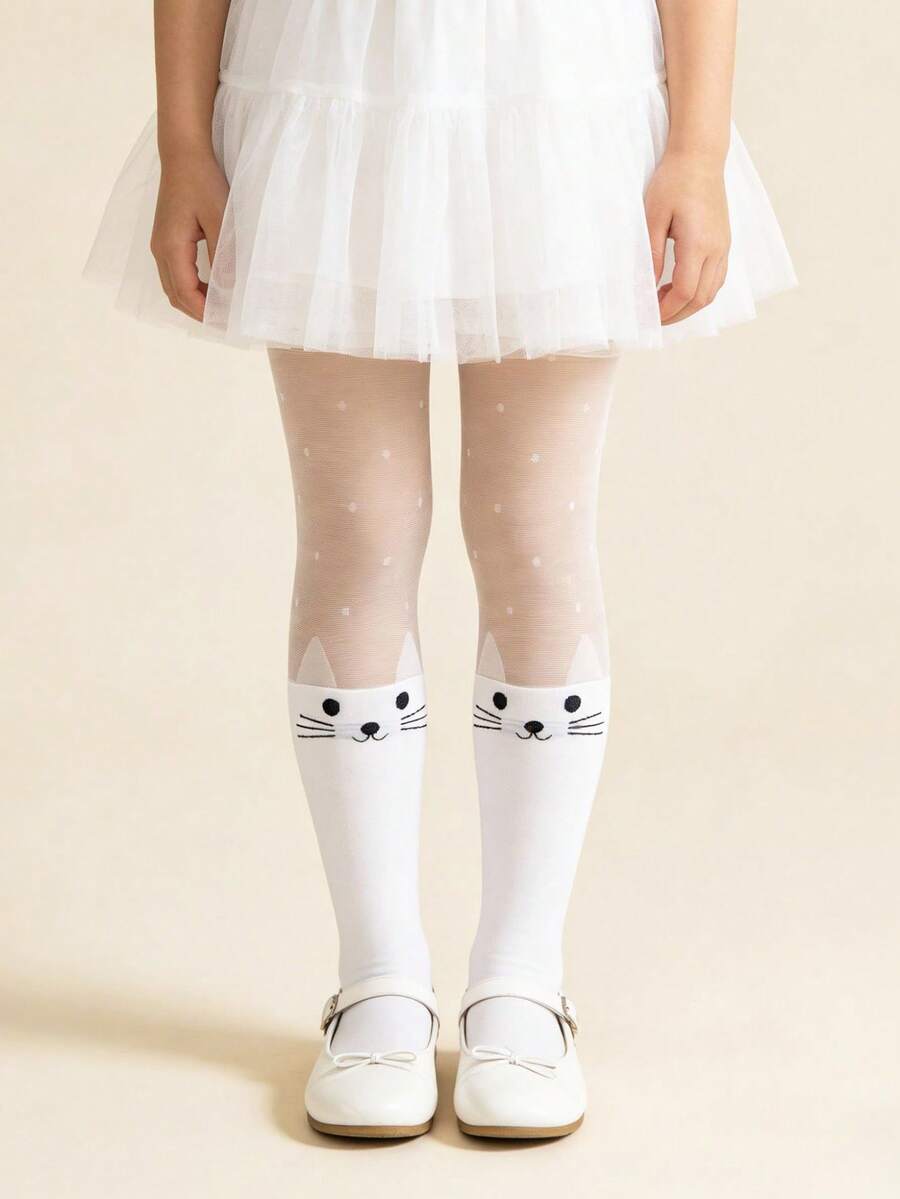 1件装 儿童可爱猫咪连裤袜 女童波点网眼长筒袜 婴儿春夏薄款透气打底裤 - 白色 - 查看 1