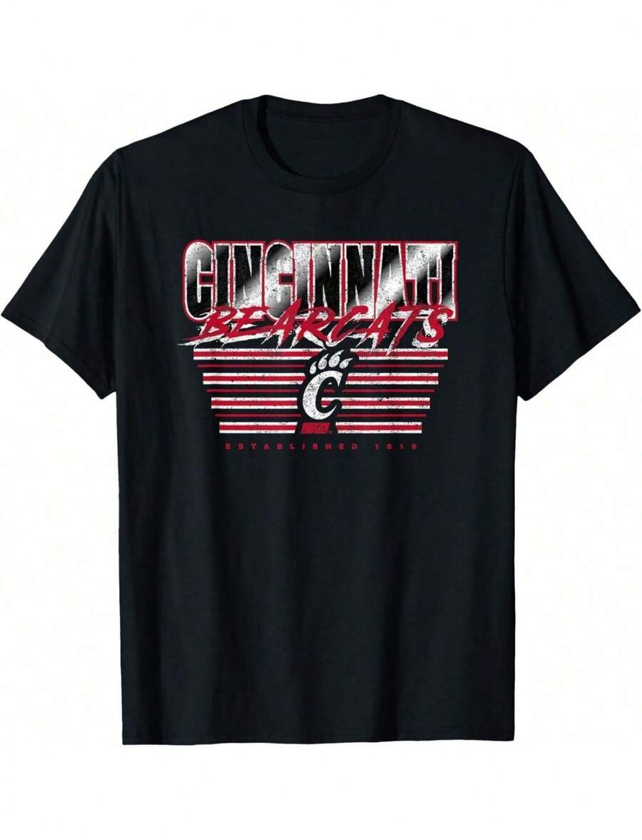 Casual Women's Black Round Neck Short Sleeve T-Shirt With Cincinnati Bearcats Print Knitted Regular Fit Top - màu đen - Xem 1