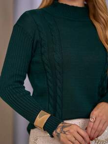 Women's Knitted Sweater With Braided Detail, High Neck, Long Sleeves, For Winter. Women's Winter Sweaters, Casual Everyday Wear, Elegant Women's Sweaters. - 墨綠色 - 查看 3