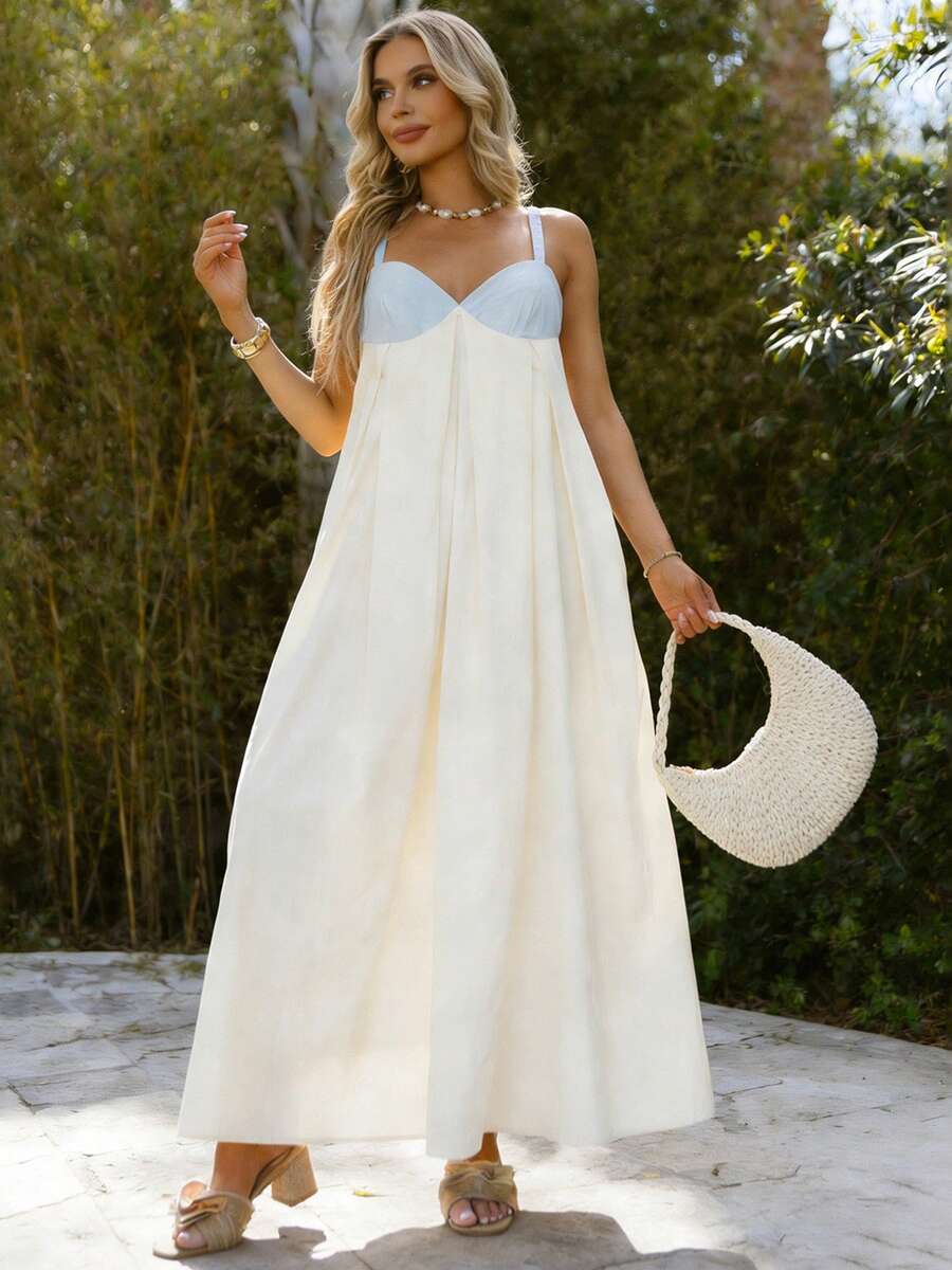 Women's Long Dress Summer Sleeveless Patchwork Contrast Color Flowy Dress For Daily Beach Party - Blue - View 1