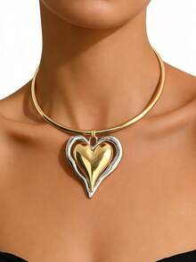 1 chiếc vòng cổ choker mỏng mịn tối giản với mặt dây chuyền hình trái tim hai màu, dành cho phụ nữ đeo hàng ngày hoặc dự tiệc Valentine - vàng đen - Xem 2