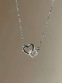 1pc Double Ring Heart Design Tender And Sweet Pendant Necklace With Cubic Zirconia Valentines,Mom,Mother,Mother's Day,Gift - Dây chuyền bạc hình trái tim đơn - Xem 3