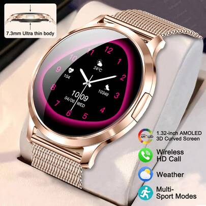 2026新款女士智能手表，1.32英寸AMOLED 466*466高清触控屏，7.3毫米超薄机身，支持蓝牙通话，IP67级防水，具备心率和睡眠监测功能，兼容安卓和iOS系统，是馈赠亲友的理想之选。