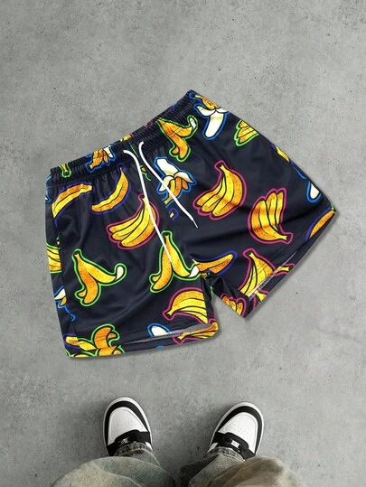 Men's Banana Pattern Graphic Drawstring Shorts,Men Swim Trunk, Swim Trunks With Drawstring Waistband Summer Beach Vacation Quick Dry Shorts
