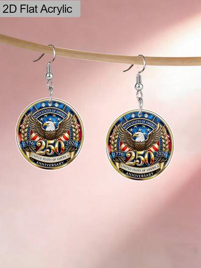 2D平面，1对，1776-2026美国建国250周年纪念亚克力耳环，爱国美国国旗秃鹰吊坠耳环，独立日耳环，7月4日爱国珠宝，女士礼物