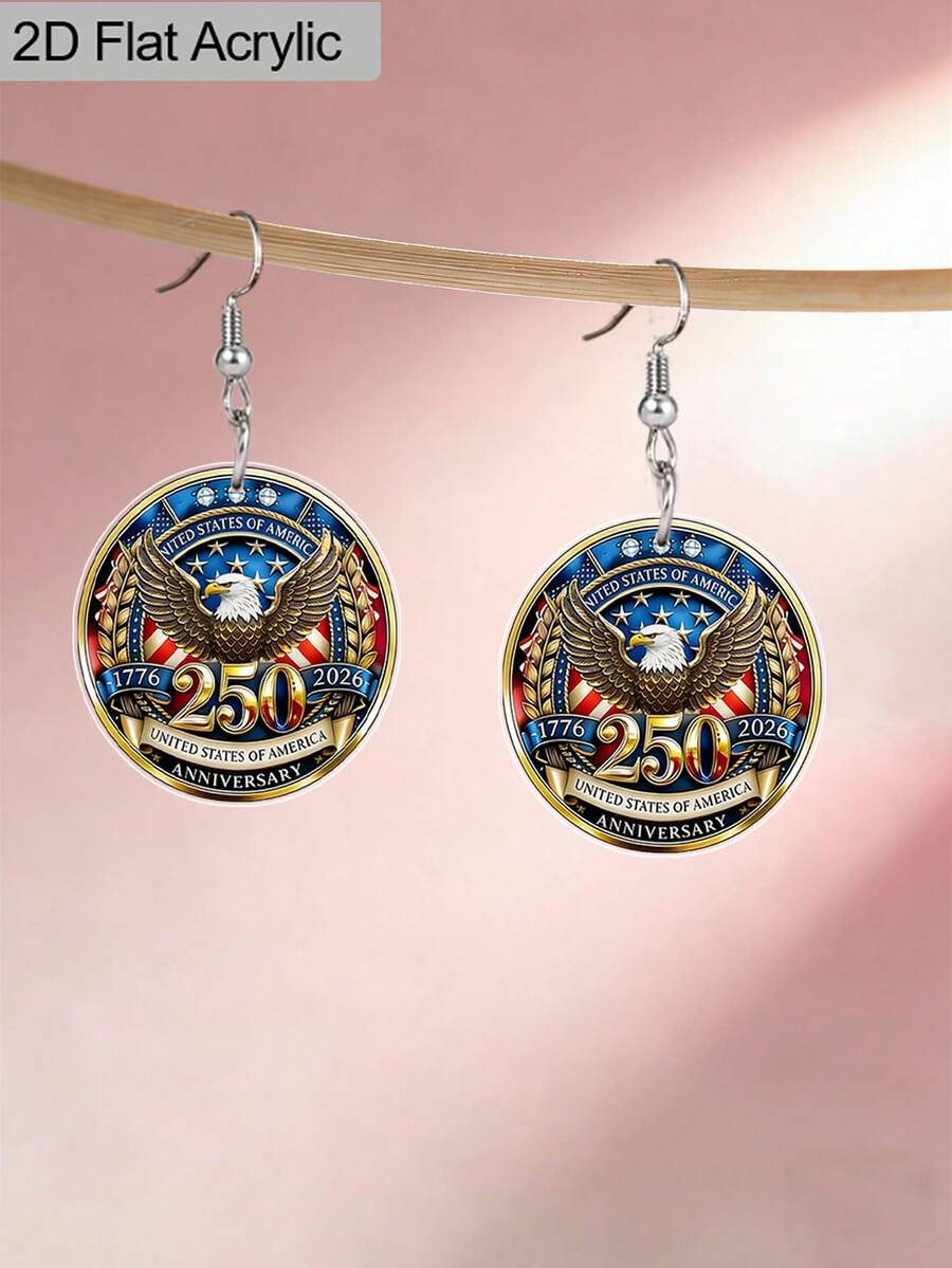 2D平面，1对，1776-2026美国建国250周年纪念亚克力耳环，爱国美国国旗秃鹰吊坠耳环，独立日耳环，7月4日爱国珠宝，女士礼物 - 彩色 - 查看 1