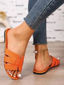 Ximi Ruo Korean Style Casual Flat Slide Sandals, Open Toe, Woven Roman Style, Suitable For Spring, Summer, Beach, Vacation, Dresses, Apartment, Brown Color - Orange - View 3