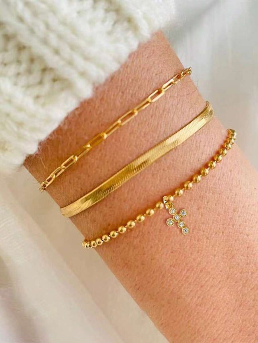 3pcs Set Minimalist Multi-Layer Gold-Tone Bracelets, Niche Stainless Steel Blade Chain, Copper Bead Chain And Cross Zirconia Chain With Cross Copper Pendant Layered Bracelet Jewelry Gift For Women (Bead Quantity And Chain Loops Randomly Assorted) - Gold - View 1