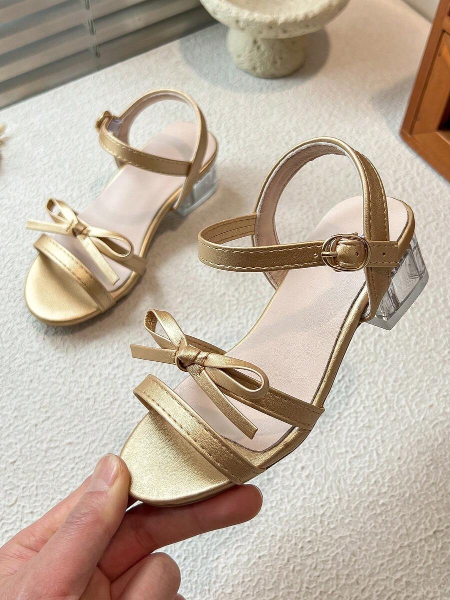 Princess Style Adjustable Ankle Strap Sandals With Chunky Clear Heel - Gold - View 1