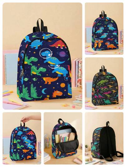 1pc Dinosaur Print Multi-Pocket Backpack, Large Capacity, Durable, Versatile, High-Quality, Zipper Closure, Suitable For Boys And Girls, Great For School And Outdoor Activities