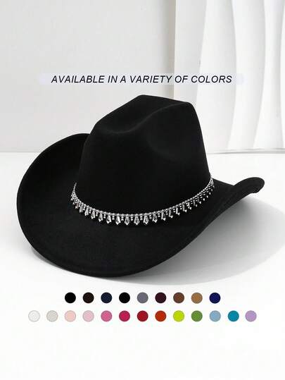 1 chiếc [Mũ] Mũ nam, Mũ nỉ phẳng màu trơn thời trang với dây đai hình kim cương trang trí, Mũ cao bồi miền Tây sành điệu, Thích hợp cho cô dâu biểu diễn, tiệc tùng, hoạt động ngoài trời, Unisex, mọi mùa.