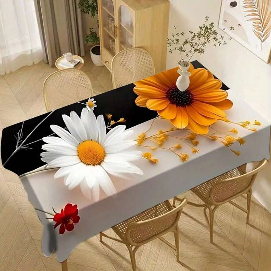 1 pieza Mantel de poliéster con estampado de margaritas amarillas y blancas moderno - resistente a las manchas y lavable, adecuado para restaurante, cocina del hogar, decoración de picnic - Multicolor - Ver 1