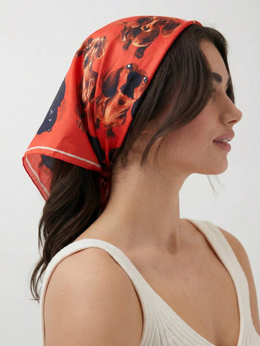 1 pieza Pañuelo de cabeza con estampado de perro salchicha para mujer - Pañuelo multifuncional, hecho de poliéster, adecuado para combinar con la moda diaria, accesorios de playa, pañuelos de verano, diademas de playa para mujer - Rojo - Ver 1