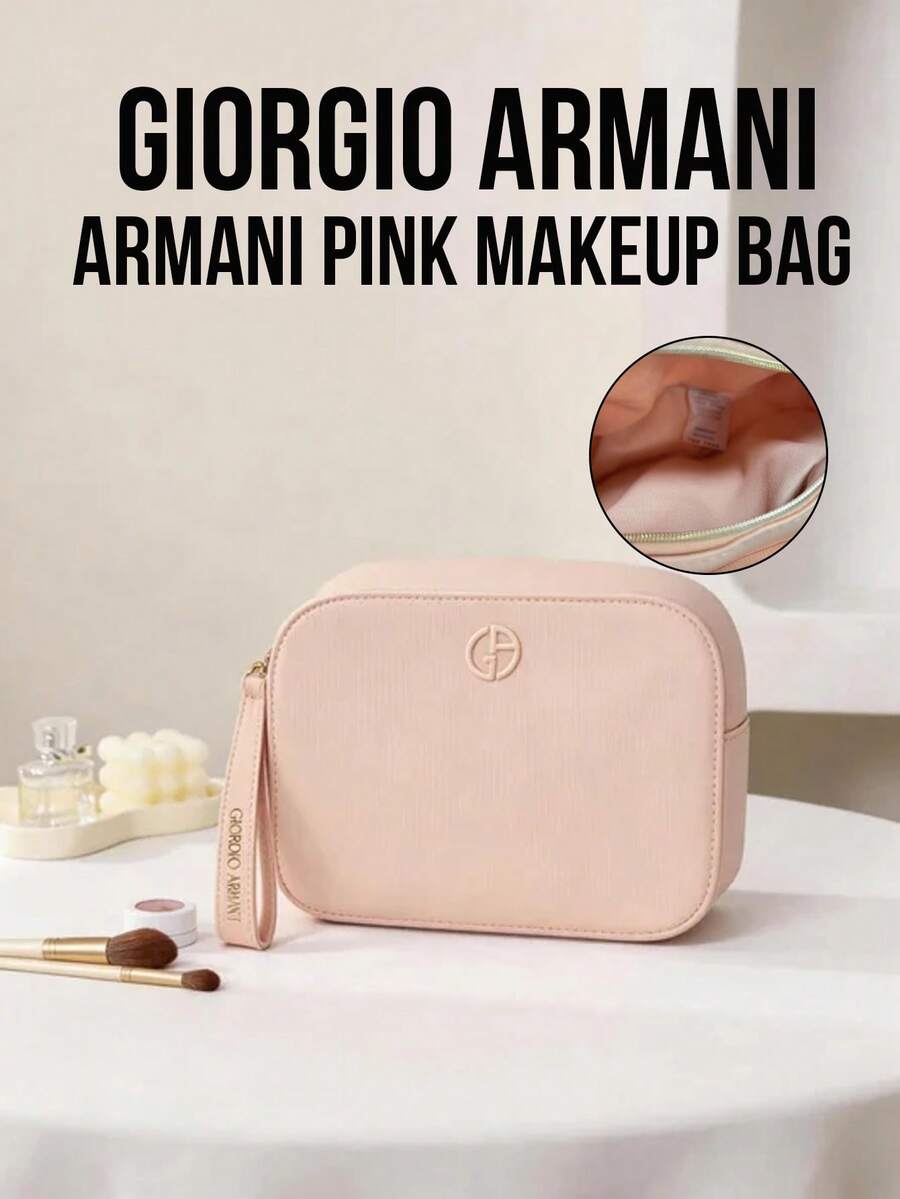 Giorgio Armani Armani Pink Makeup Bag, 16.5*21cm, Elegant Leather Makeup Bag, Beauty Daily Essentials Storage, Luxury Design, Suitable For Personal Use Or Gift