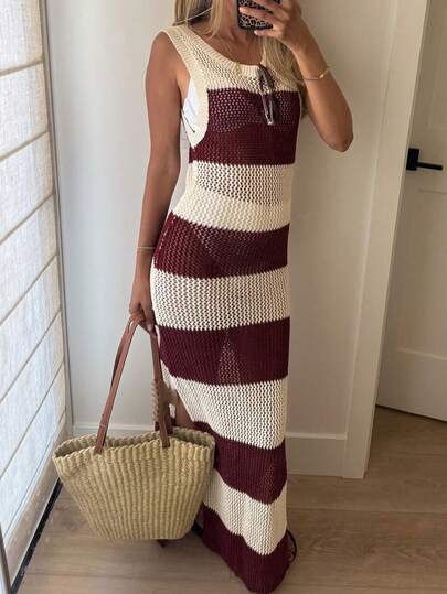 Nora Noon Women's Striped Color Blocked Fashionable And Elegant Round Neck Hollow Knitted Slit Long Dress, Essential For Beach Vacation Casual Wear