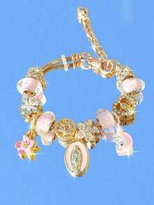 1pc Religious Virgin Mary Charm Bracelet, 1pc Religious Crescent Moon Bracelet, 1pc Fashionable Blue Sakura Bracelet, 1pc Fashionable Heart Tree Of Life Bracelet - Pink - 查看 2