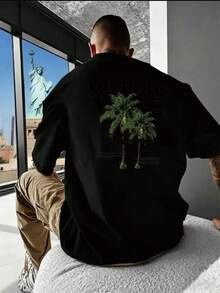 Malibu California Palm Tree Print Racing Retro Schwarzes Kurzarm-T-Shirt, Unisex Street Style, Größen S-XXL, Sommer Casual Outdoor Schule Familie Paar Tops Ideales Geschenk. - Schwarz - Übersicht 6