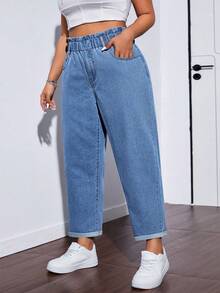 Light Blue Washed Floral Waist Jeans, Women's High Waist Elastic Cuffed Cropped Denim Pants Casual Spring - Light Wash - View 2