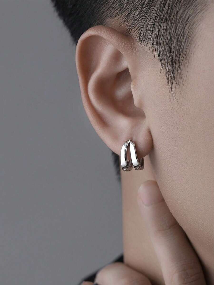 1 Đôi Khuyên Tai Nam Kiểu Vòng Cung Hai Lớp, Mạ Đen, Phong Cách Tối Giản, Trang Sức Thời Trang Cho Hàng Ngày, Tiệc Tù, Các Ngày Lễ Như Lễ Phục Sinh, Ngày của Cha, Lễ Tốt Nghiệp. - màu đen - Xem 1
