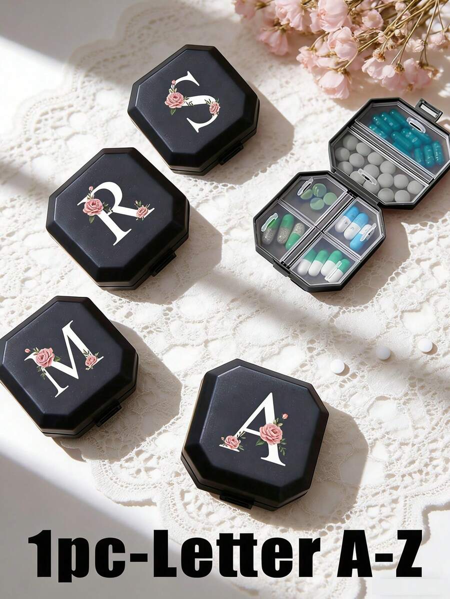 Portable Pill Box With Pink Peony Flower & A-Z Letter Pattern, Pink Peony Flower Design, Portable Medical First Aid Kit, 6 Compartment Capsule Storage Box, Travel Pill Case Medicine Bag Pill Containers Hospital Bag Medicine Organizer Medicine Storage Bag Travel Must Haves Bags For Traveling Holiday Essential - Multicolor - View 1