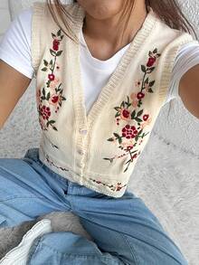 Áo khoác cardigan cổ chữ V thêu họa tiết mới mùa Thu/Đông 2025, áo len nữ đa năng. - Màu be - Xem 3