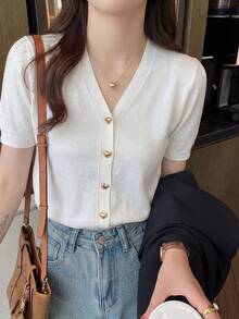 女士针织短袖开衫，泡泡袖V领优雅针织上衣，夏季白色 - 白色 - 查看 4