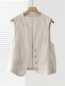 Women's Casual Linen Short Vest Jacket For Spring & Summer - Beige - View 3