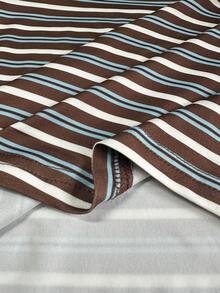 Atasan Wanita Ukuran Besar Motif Garis-Garis Warna-warni Leher Bulat Pendek Bahan Rajut Elastis Sedang Panjang Reguler untuk Musim Panas dan Kasual - Coffee Brown - View 8