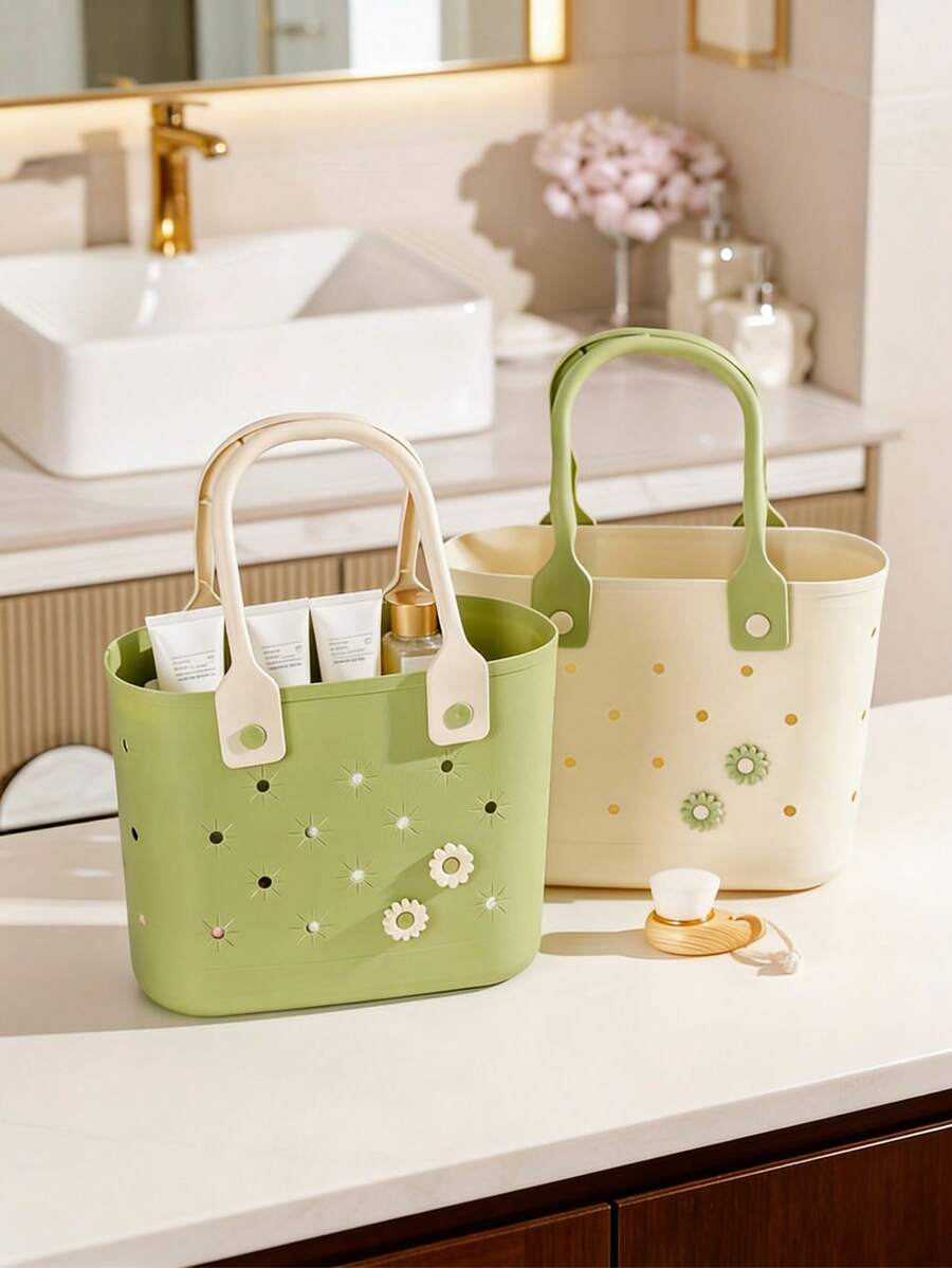 Plastic Storage Basket With Handle, Non-Tipping Rubber Beach Bag, Waterproof Multipurpose Tote With Pockets And Perforations, Suitable For Bathroom Storage, Bedroom, Shower, Dorm, Camping, RV, Travel, Pool And Beach, Lightweight And Durable, Suitable For All Ages, Great Gift For Valentine's Day, Mother's Day, Birthday, Graduation - Multicolor - View 1