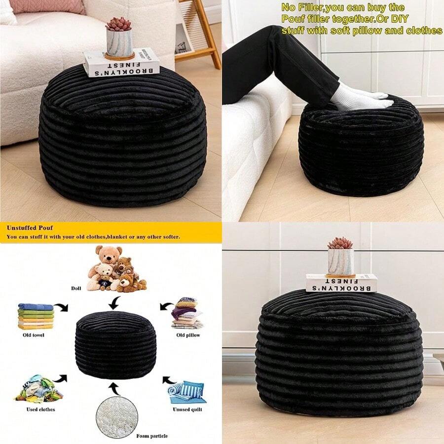 Asuprui Puf otomano sin relleno otomano reposapiés puf redondo de 20 x 20 x 12 pulgadas silla plegable para sala de estar recámara rayas negras - Cubierta de puf negra sin relleno - Ver 1