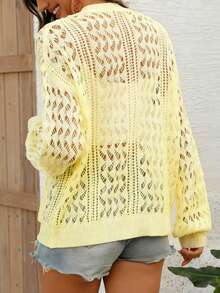 Women's Lightweight Yellow V-Neck Cardigan, Fashionable Button Front Hollow Knit Sweater, Suitable For Spring/Summer, Casual, Beach - Yellow - View 5