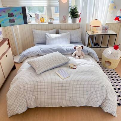 Bộ 3 món ga trải giường và vỏ gối kẻ caro xanh dương, chất liệu 100% polyester, có khóa kéo và dây buộc góc, thoải mái, kiểu dáng tối giản, bao gồm ga trải giường và vỏ gối (không kèm ruột gối), có thể giặt máy.