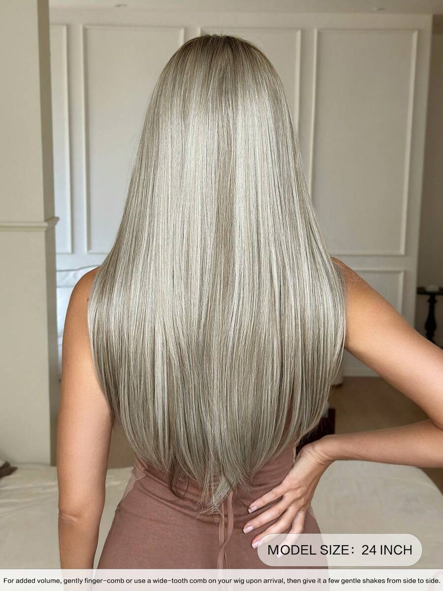 NAMM 24 Inch Layered Grey Gradient Long Straight Wig For Women, Black Roots, High Density Voluminous Heat-Resistant Synthetic Fiber Wig, Suitable For Daily Wear And Holiday Parties